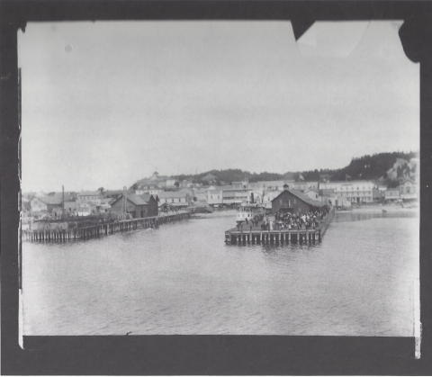 Landing at Mackinaw Island. From the T.S. Faxton The Grand Hotel in the distance.