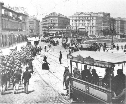Franz-Josefs-Kai around 1876. In the central background the Hotel Metropol on Morzinplatz, which became the largest regional Gestapo centre of the Third Reich from 1938 to 1945.
