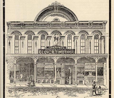 The Hagenbuch Opera House building seen in an advertisement, after it was converted into the Bowen Grocery Store in 1888